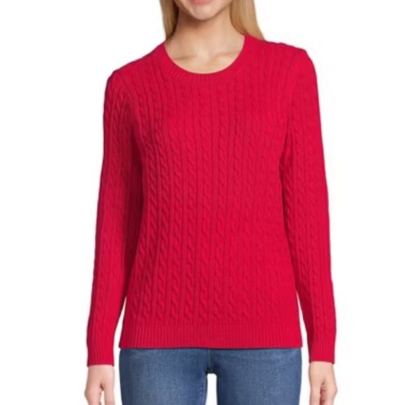 Lands’ End Cable Knit Cotton Blend Sweater Crew Neck Cherry Red 1X (16W-18W) - Picture 1 of 10